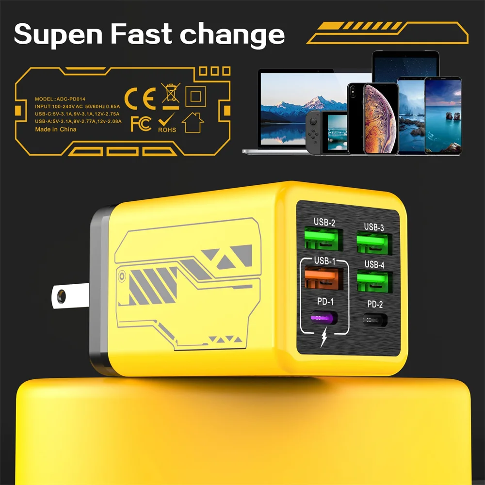 240W 6 in 1 USB Charger Type C Fast Charge Phone Power Adapter For iPhone Samsung Xiaomi EU/US/UK Plug Quick Charge Wall Charger