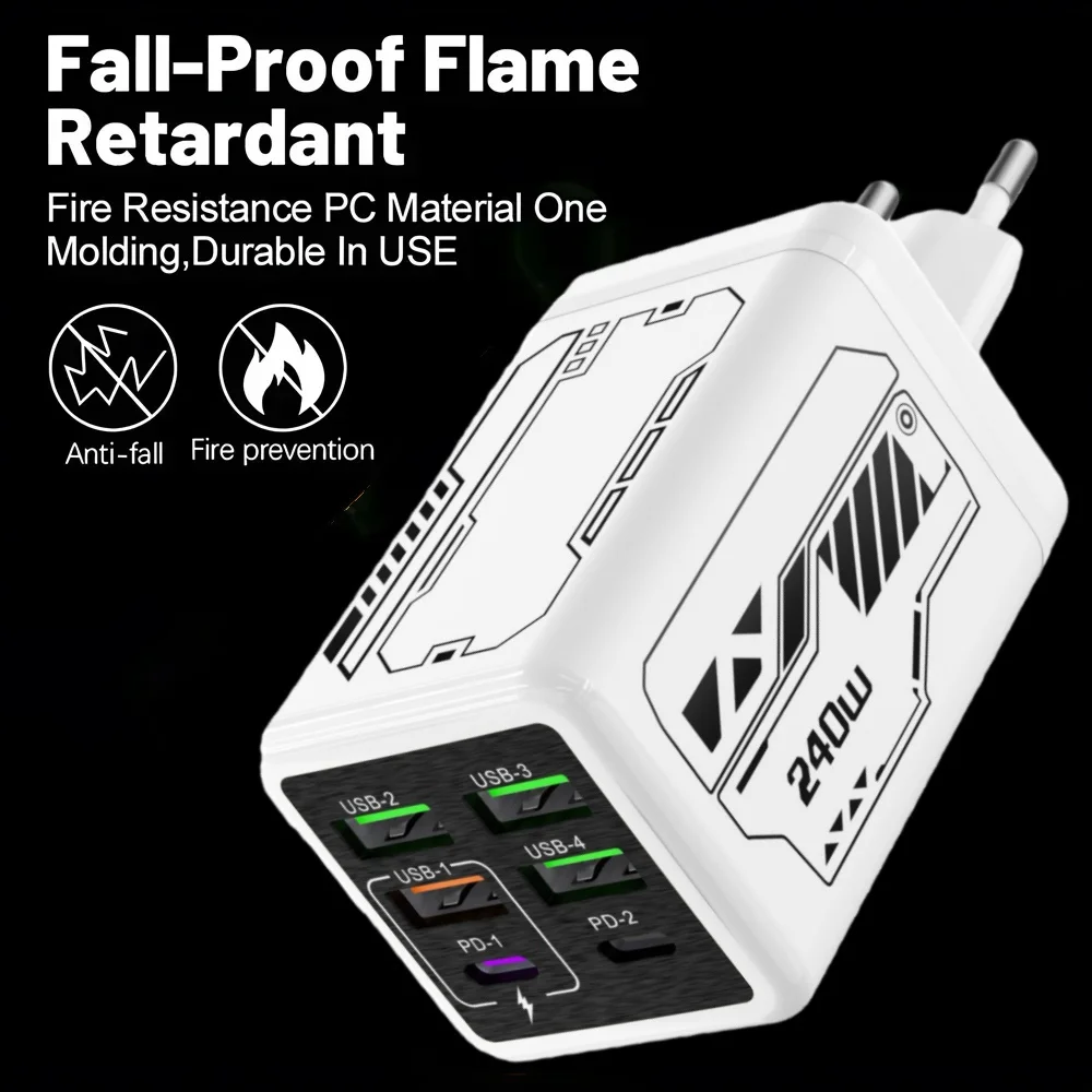 240W 6 in 1 USB Charger Type C Fast Charge Phone Power Adapter For iPhone Samsung Xiaomi EU/US/UK Plug Quick Charge Wall Charger