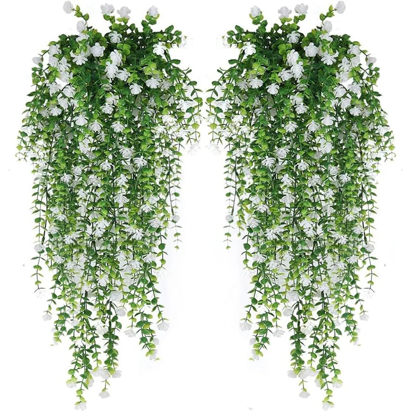 2/4Pcs Artificial Hanging Plants Faux Eucalyptus Leaves Green Vine UV-Resistant Plastic Plants for Home Gardens Wedding Decor
