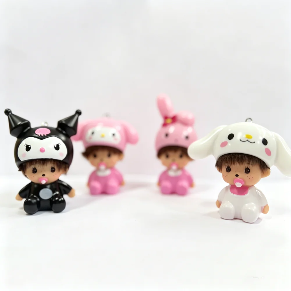Ins Style Cute Hello Kitty Monchhichi Keychain Vinyl Doll Pendant Couple Style Backpack Hanger Car Decoration Trending Ornament