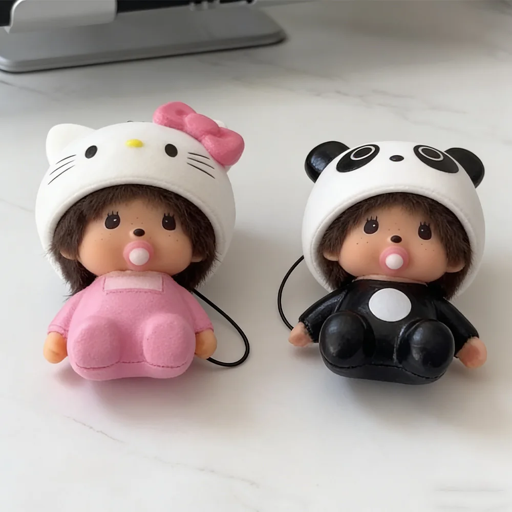 Ins Style Cute Hello Kitty Monchhichi Keychain Vinyl Doll Pendant Couple Style Backpack Hanger Car Decoration Trending Ornament