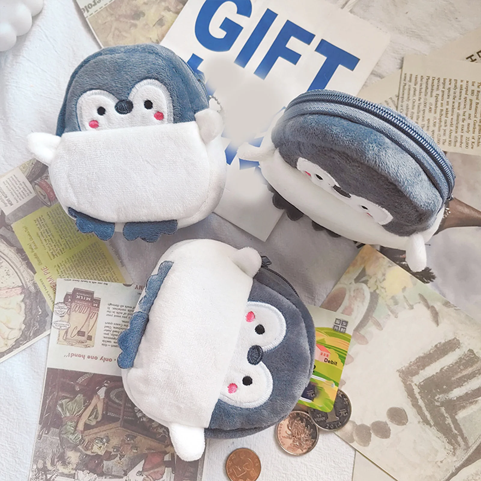 Women's Coin Purse Mini Pouch Cute Plush Little Penguin Zipper Change Purse for Keychain Lipsticks Money