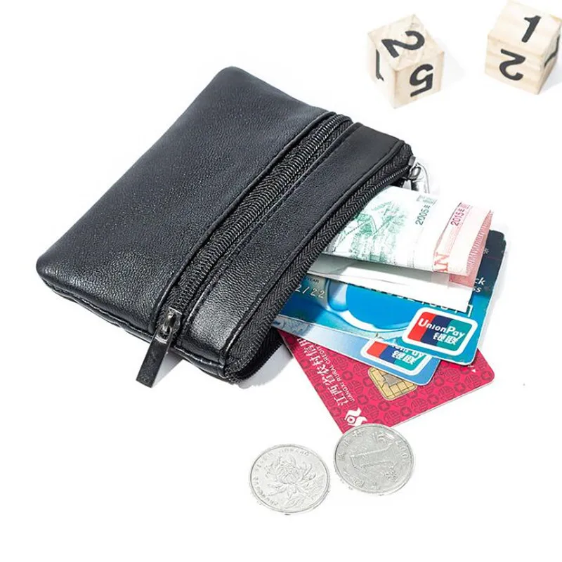 Men Coin Purse Black Pu Leather Double Single Zipper Multi-Function Mobile Phone Coin Purse Fashion Women Mini Wallet 1pc