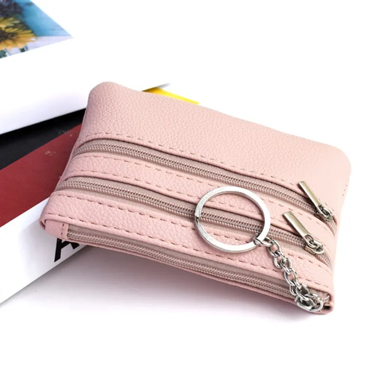 Men Coin Purse Black Pu Leather Double Single Zipper Multi-Function Mobile Phone Coin Purse Fashion Women Mini Wallet 1pc