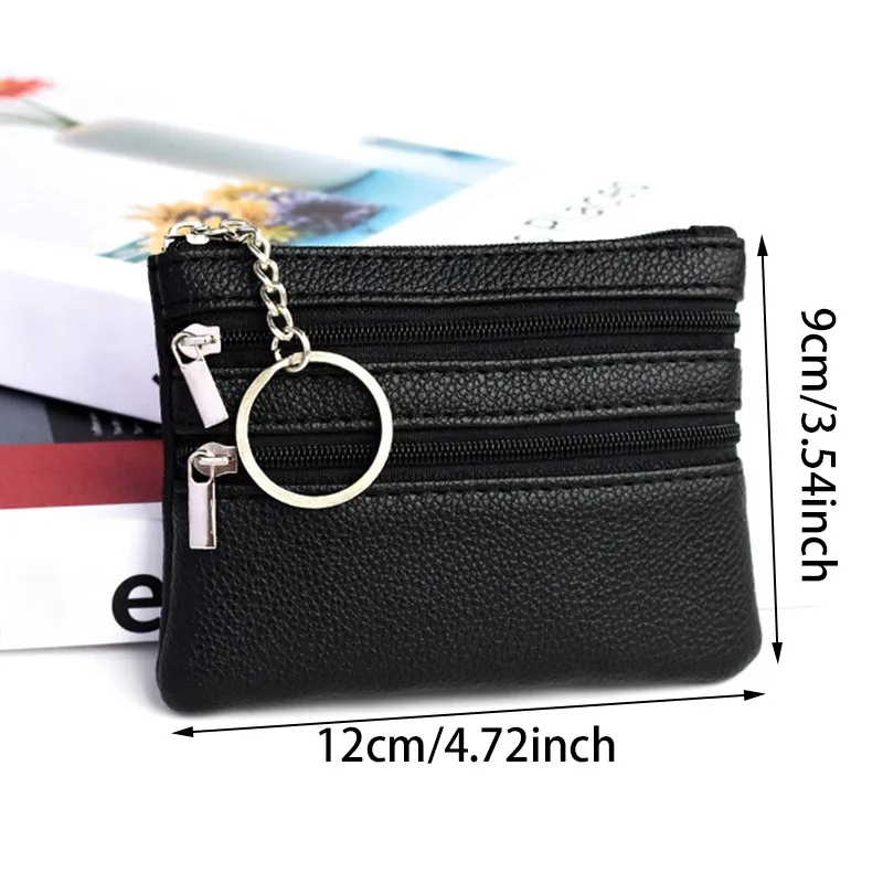 Men Coin Purse Black Pu Leather Double Single Zipper Multi-Function Mobile Phone Coin Purse Fashion Women Mini Wallet 1pc