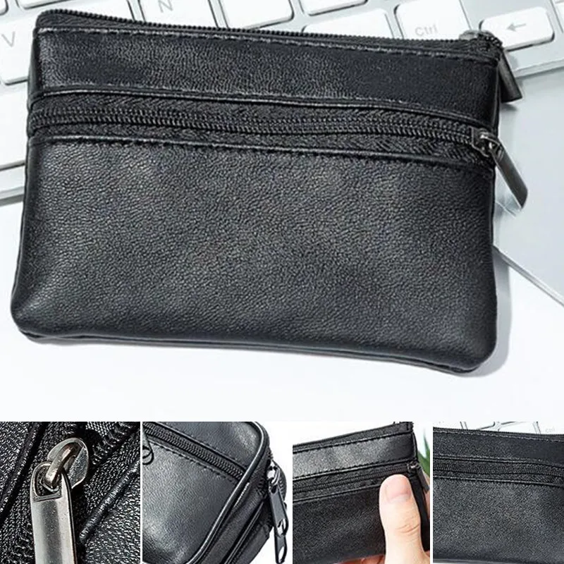 Men Coin Purse Black Pu Leather Double Single Zipper Multi-Function Mobile Phone Coin Purse Fashion Women Mini Wallet 1pc
