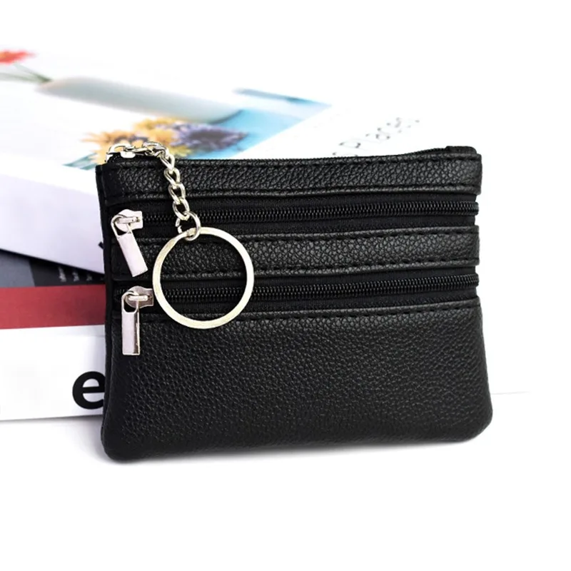 Men Coin Purse Black Pu Leather Double Single Zipper Multi-Function Mobile Phone Coin Purse Fashion Women Mini Wallet 1pc