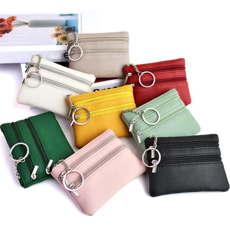 Men Coin Purse Black Pu Leather Double Single Zipper Multi-Function Mobile Phone Coin Purse Fashion Women Mini Wallet 1pc