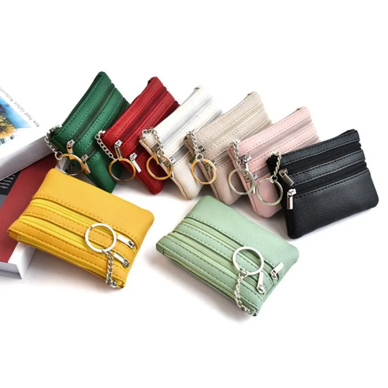Men Coin Purse Black Pu Leather Double Single Zipper Multi-Function Mobile Phone Coin Purse Fashion Women Mini Wallet 1pc