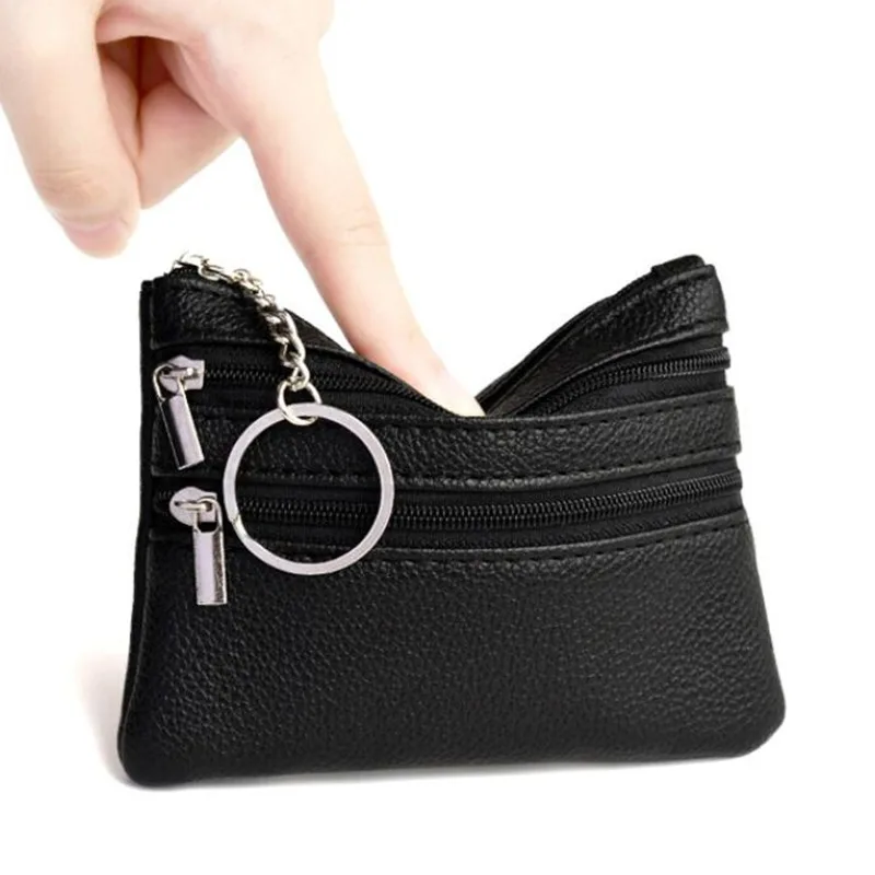 Men Coin Purse Black Pu Leather Double Single Zipper Multi-Function Mobile Phone Coin Purse Fashion Women Mini Wallet 1pc
