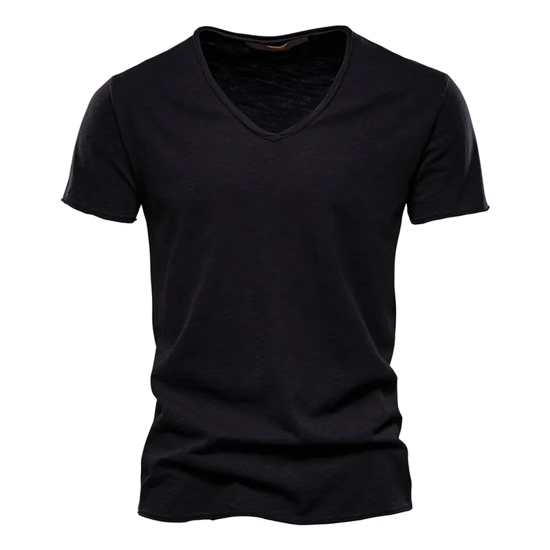 AIOPESON100% Cotton Men T-shirt V-neck Fashion Design Slim Fit Soild T-shirts Male Tops Tees Short Sleeve T Shirt O-neck For Men