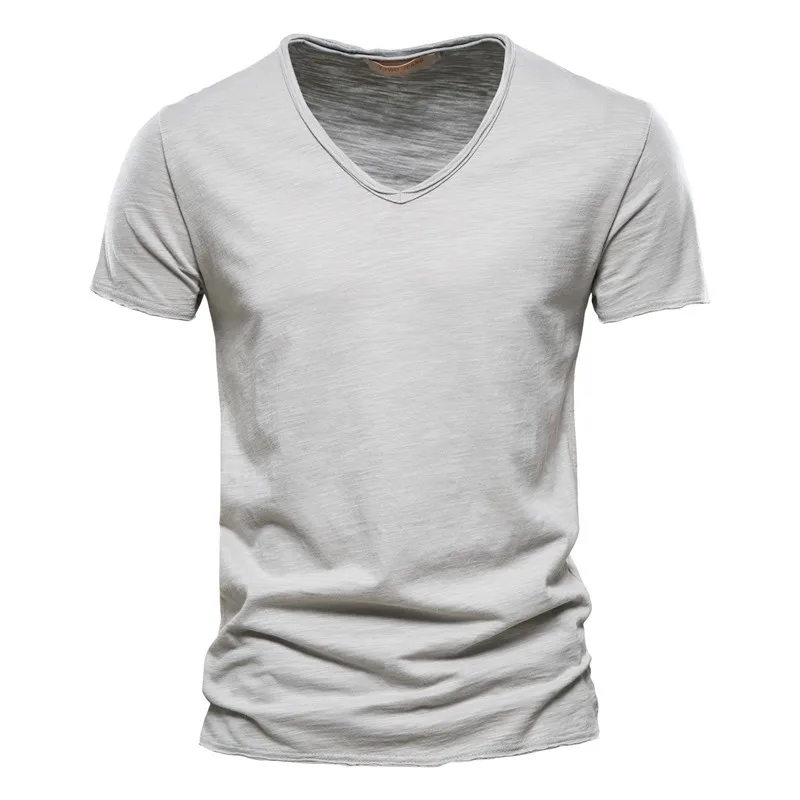 AIOPESON100% Cotton Men T-shirt V-neck Fashion Design Slim Fit Soild T-shirts Male Tops Tees Short Sleeve T Shirt O-neck For Men