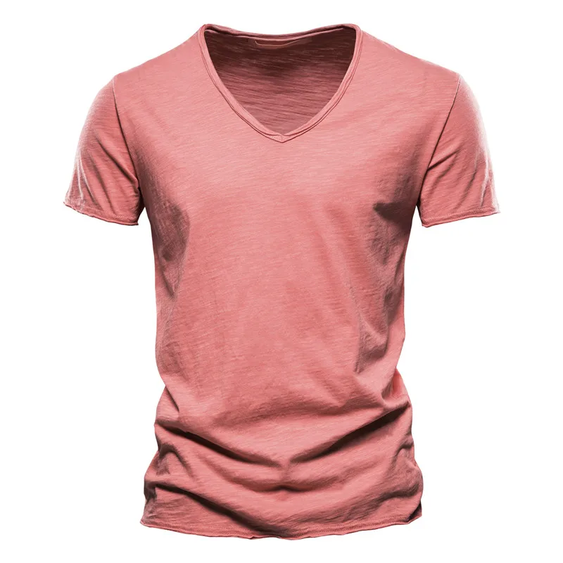 AIOPESON100% Cotton Men T-shirt V-neck Fashion Design Slim Fit Soild T-shirts Male Tops Tees Short Sleeve T Shirt O-neck For Men