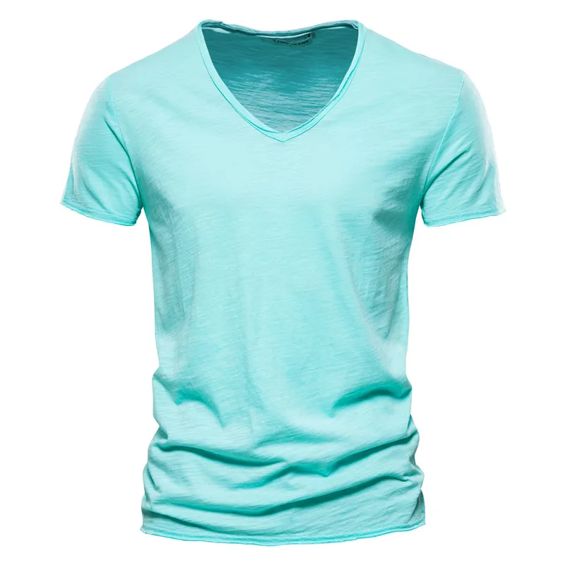 AIOPESON100% Cotton Men T-shirt V-neck Fashion Design Slim Fit Soild T-shirts Male Tops Tees Short Sleeve T Shirt O-neck For Men