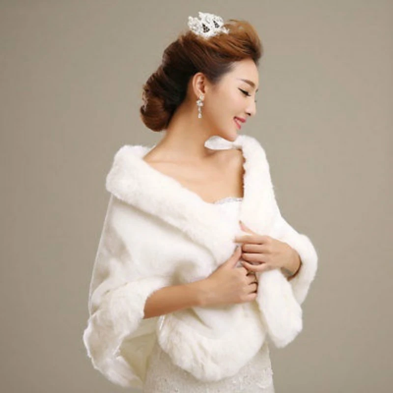 Womens Ladies Wedding Shawl Faux Fur Cashmere Bride Cape Winter Shrug Bolero White