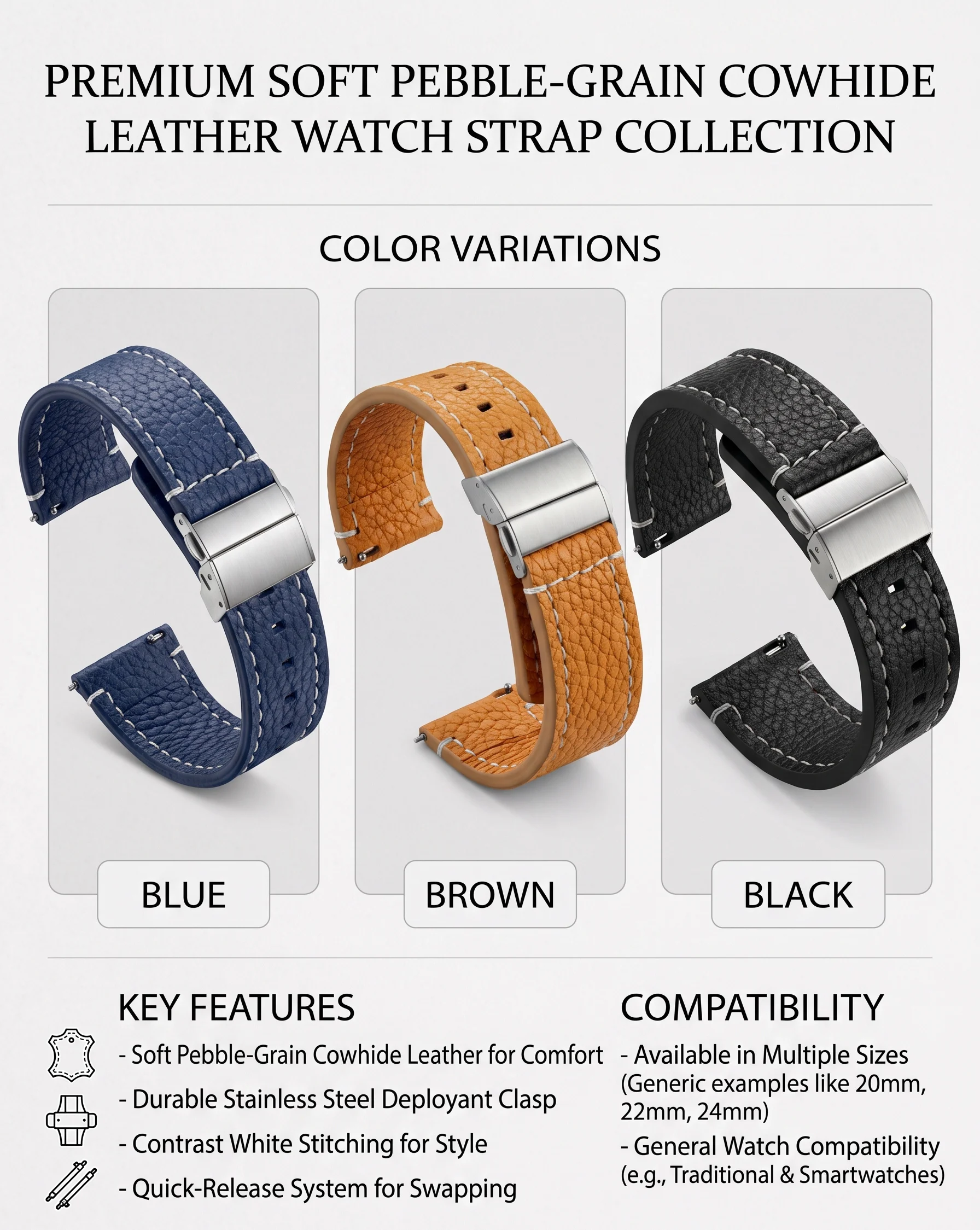 Soft Genuine Leather Smart Watch Band 18 20 22 24mm Women Men Cowhide Strap Brown Black Quick Release Watchband Bracelet