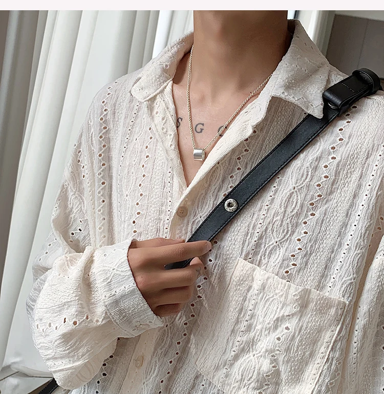 Personalized Shirts Men Handsome Lapel Men Blouse Vacation Hollow Out Sexy Fashion Men Clothing Male Mesh Long Sleeve Shirts