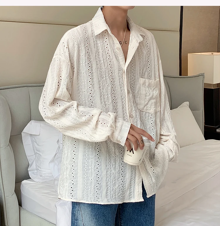 Personalized Shirts Men Handsome Lapel Men Blouse Vacation Hollow Out Sexy Fashion Men Clothing Male Mesh Long Sleeve Shirts
