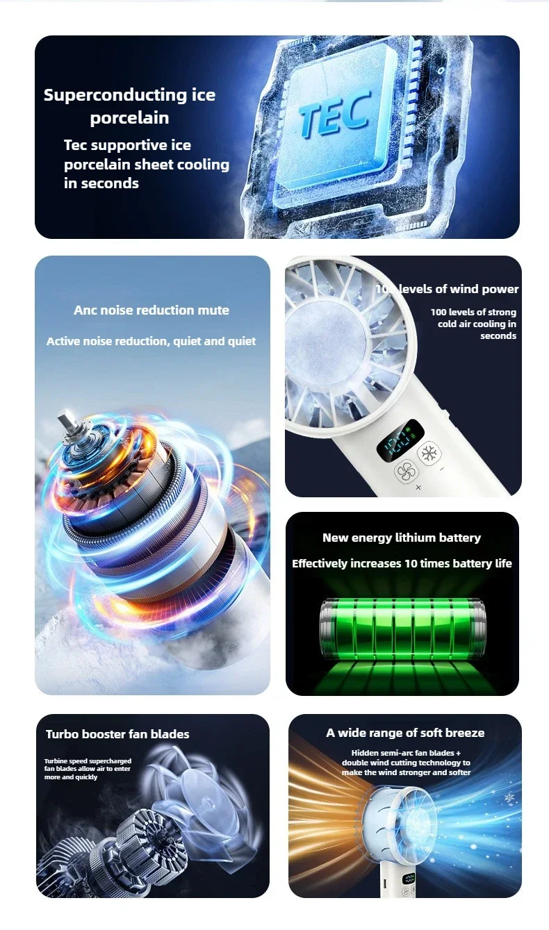 5200mAh Portable Handheld Fan with Double Ice Cooling, High-Speed Rechargeable USB Fan, Foldable Design