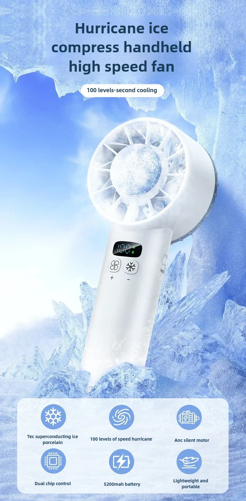 5200mAh Portable Handheld Fan with Double Ice Cooling, High-Speed Rechargeable USB Fan, Foldable Design