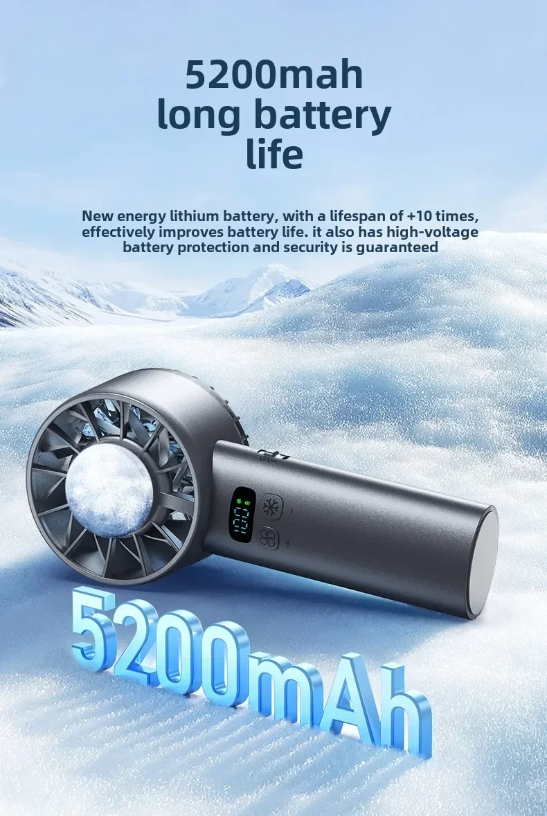 5200mAh Portable Handheld Fan with Double Ice Cooling, High-Speed Rechargeable USB Fan, Foldable Design
