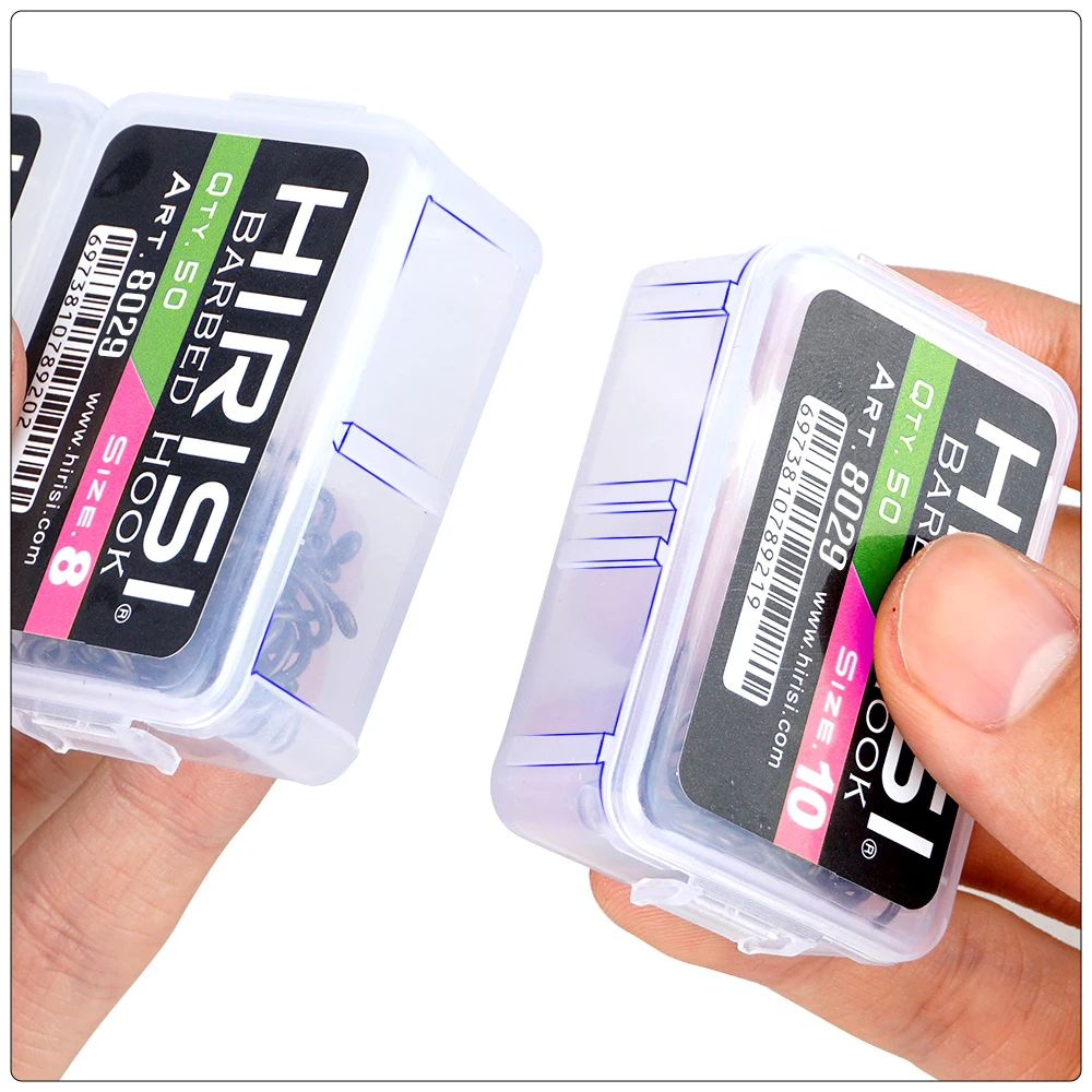 Hirisi 50/100pcs PTFE Coated Carp Fishing Hooks With Eye Micro Barbed High Carbon Steel 8029 Fishing Accessories Spliceable Box