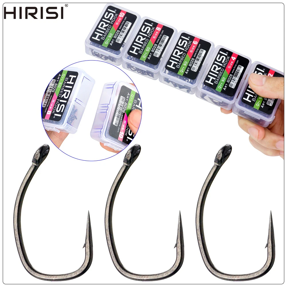 Hirisi 50/100pcs PTFE Coated Carp Fishing Hooks With Eye Micro Barbed High Carbon Steel 8029 Fishing Accessories Spliceable Box