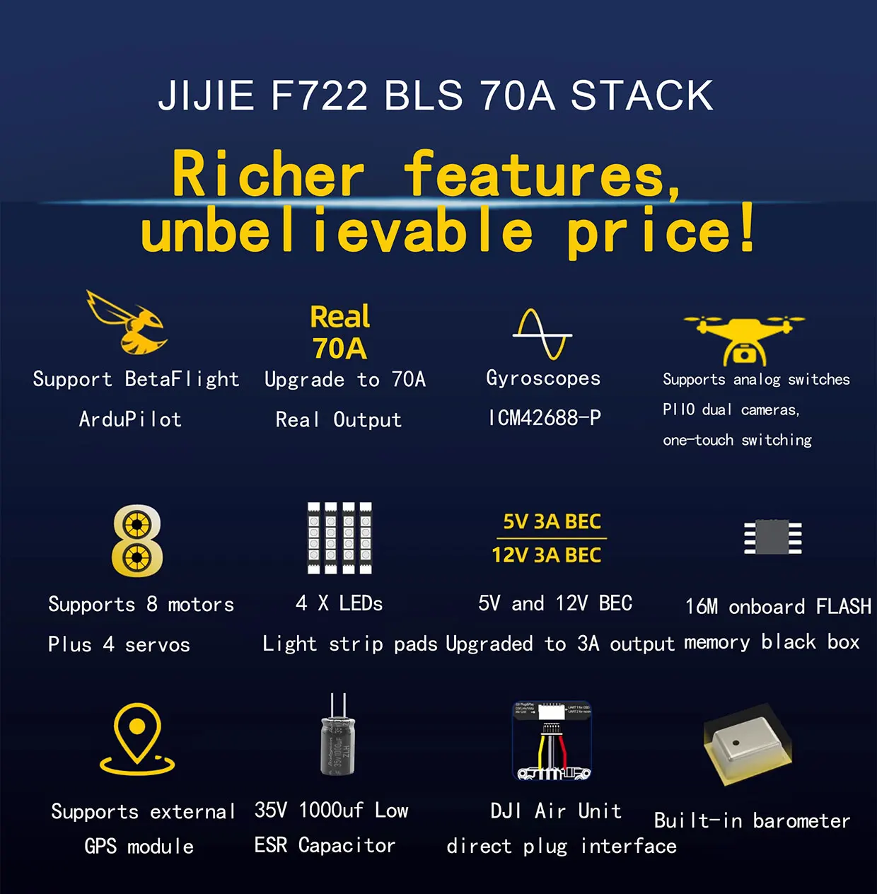 JIJIEFPV F722 70A Stack ICM42688P F722 Flight Controller BLHELI_S 70A 4in1 ESC 30.5X30.5mm 3-8S for FPV Freestyle Drones Parts