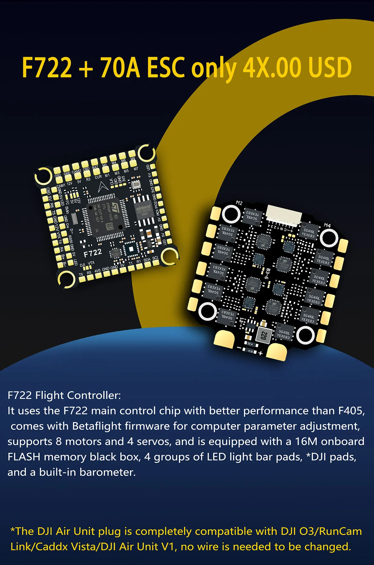 JIJIEFPV F722 70A Stack ICM42688P F722 Flight Controller BLHELI_S 70A 4in1 ESC 30.5X30.5mm 3-8S for FPV Freestyle Drones Parts