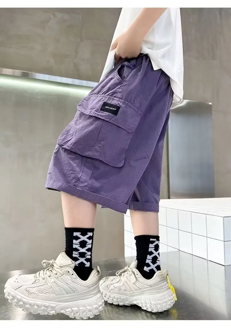 Summer New Teen Boys Cargo Shorts Solid Color Thin Big Pocket Loose Fit Five-Point Pants For 4-14 Years Kids Casual Trousers