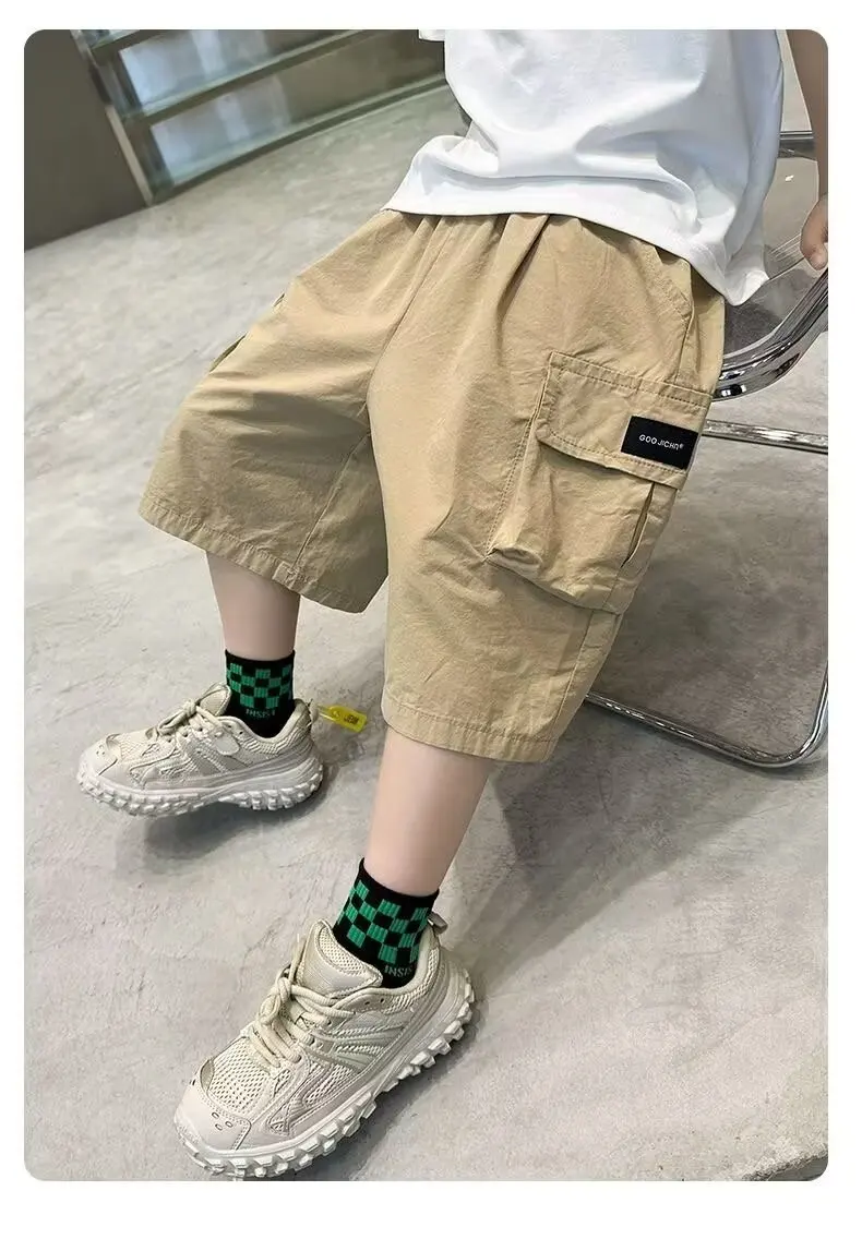 Summer New Teen Boys Cargo Shorts Solid Color Thin Big Pocket Loose Fit Five-Point Pants For 4-14 Years Kids Casual Trousers