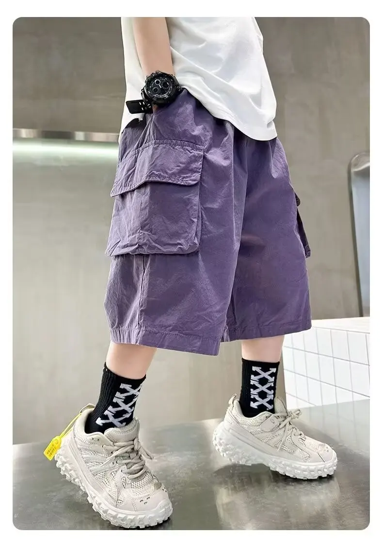Summer New Teen Boys Cargo Shorts Solid Color Thin Big Pocket Loose Fit Five-Point Pants For 4-14 Years Kids Casual Trousers