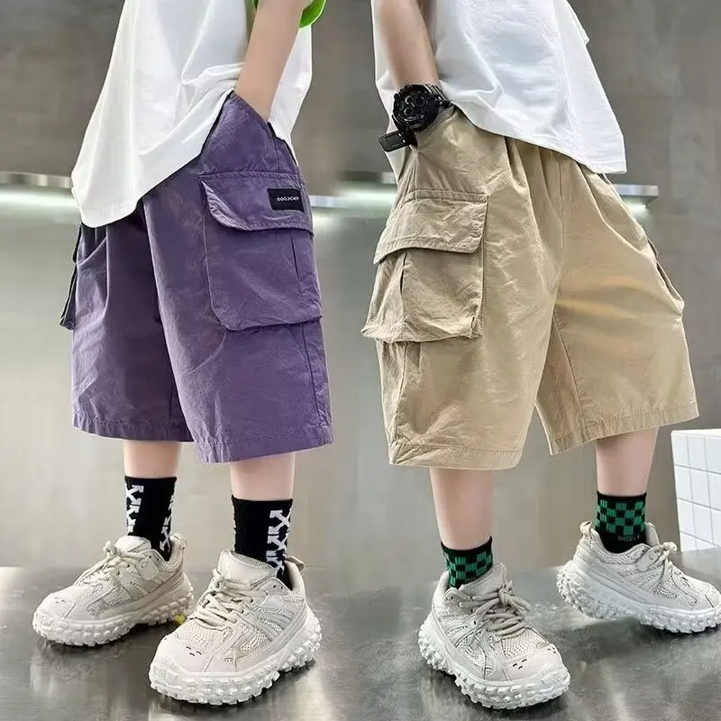 Summer New Teen Boys Cargo Shorts Solid Color Thin Big Pocket Loose Fit Five-Point Pants For 4-14 Years Kids Casual Trousers