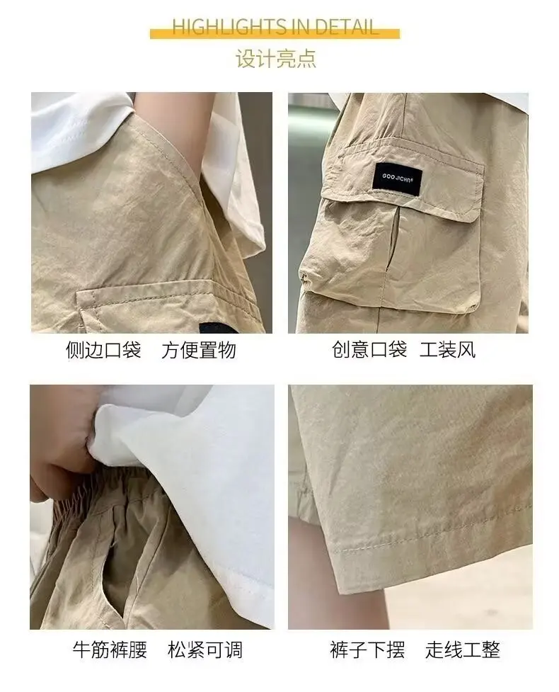 Summer New Teen Boys Cargo Shorts Solid Color Thin Big Pocket Loose Fit Five-Point Pants For 4-14 Years Kids Casual Trousers