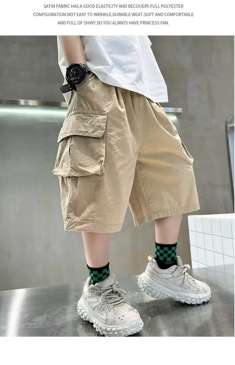 Summer New Teen Boys Cargo Shorts Solid Color Thin Big Pocket Loose Fit Five-Point Pants For 4-14 Years Kids Casual Trousers