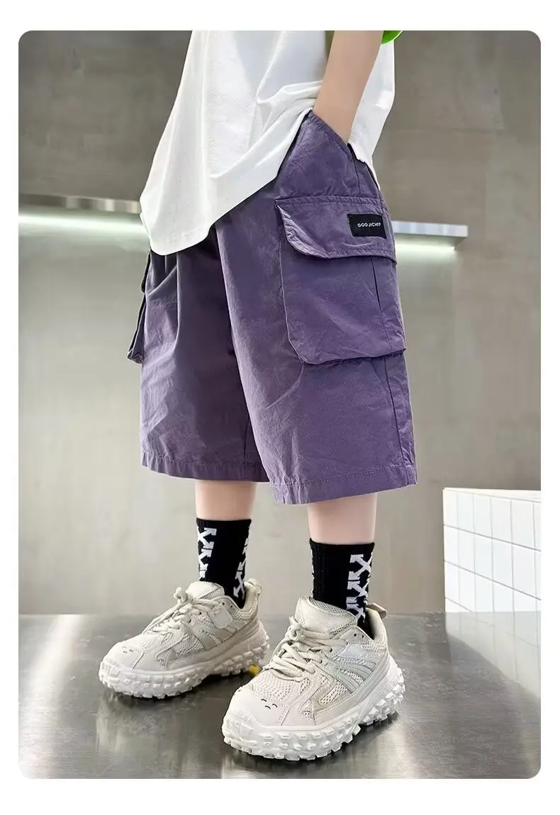 Summer New Teen Boys Cargo Shorts Solid Color Thin Big Pocket Loose Fit Five-Point Pants For 4-14 Years Kids Casual Trousers