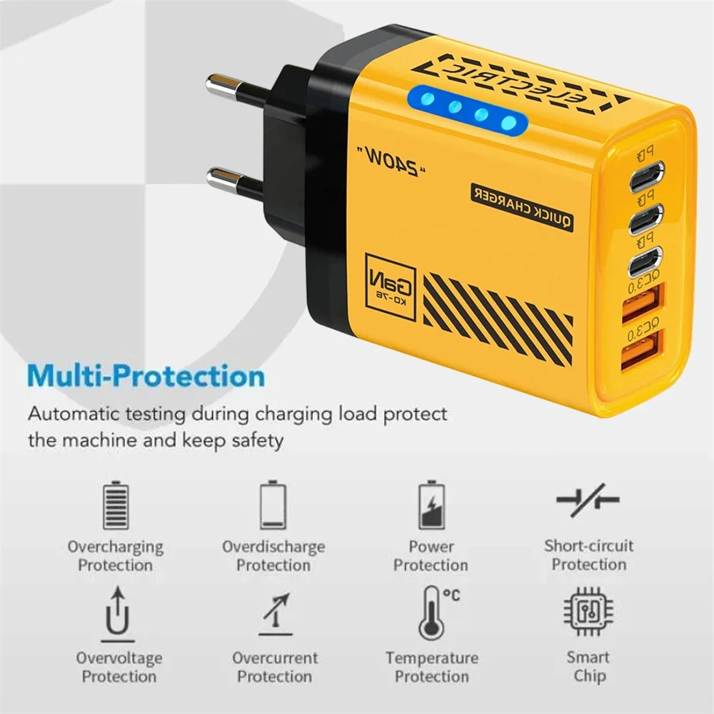 GaN 240W 5-Port USB C Fast Charger PD QC3.0 Wall Adapter for iPhone 16 17 Samsung Xiaomi Huawei EU/US/UK Plug Desktop Charger