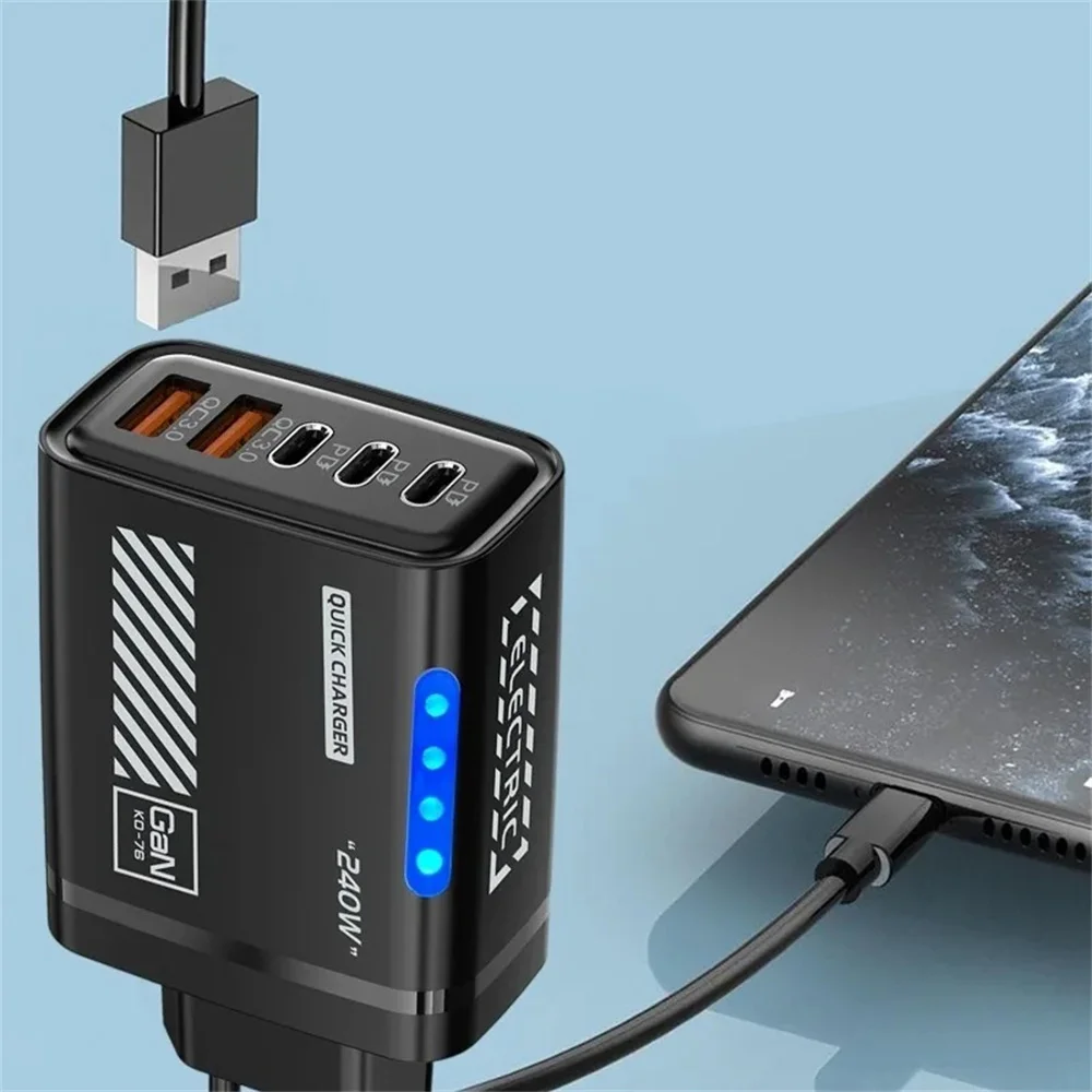 GaN 240W 5-Port USB C Fast Charger PD QC3.0 Wall Adapter for iPhone 16 17 Samsung Xiaomi Huawei EU/US/UK Plug Desktop Charger