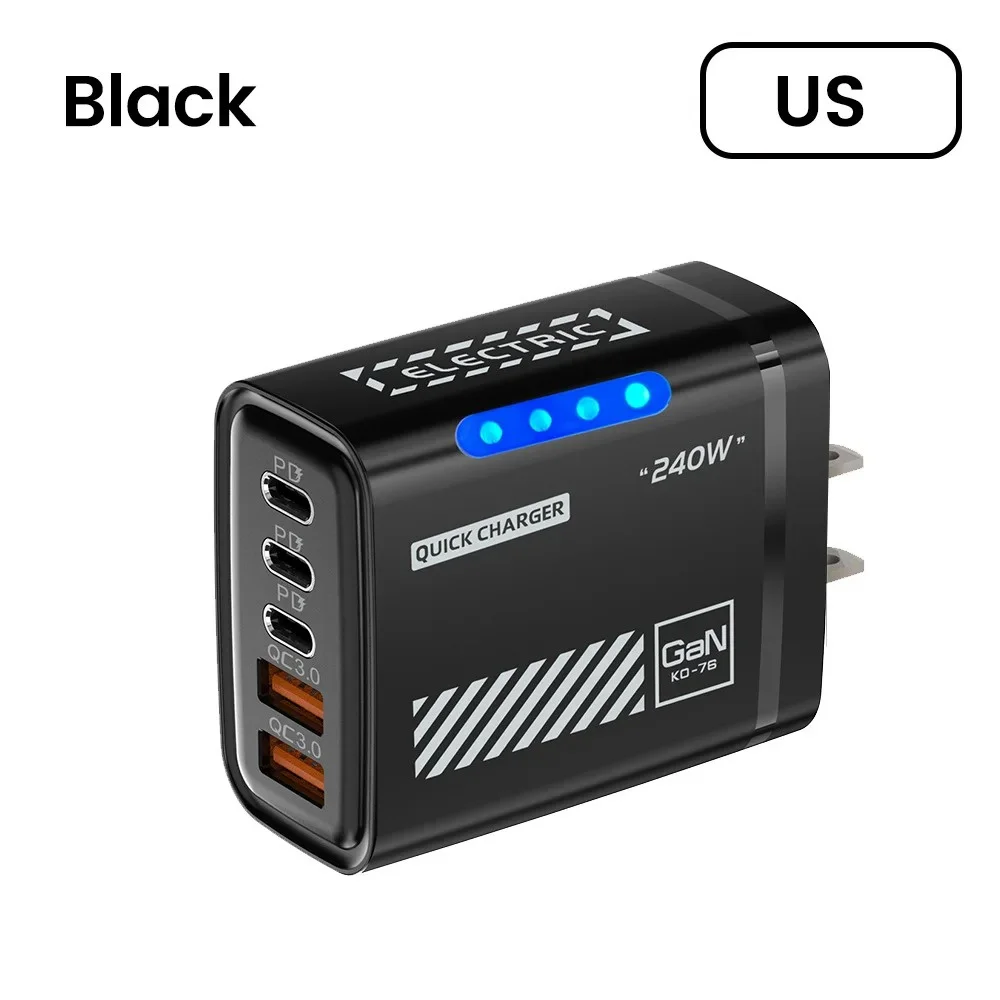 GaN 240W 5-Port USB C Fast Charger PD QC3.0 Wall Adapter for iPhone 16 17 Samsung Xiaomi Huawei EU/US/UK Plug Desktop Charger