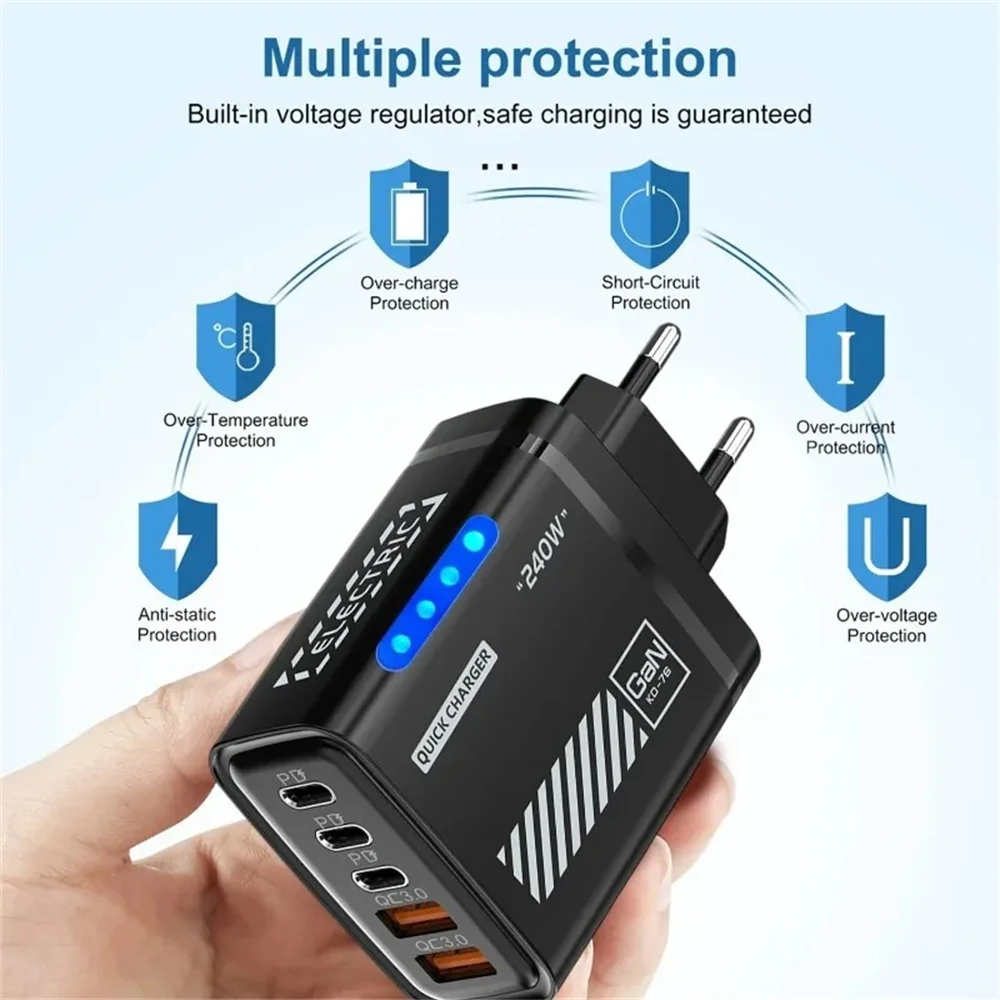GaN 240W 5-Port USB C Fast Charger PD QC3.0 Wall Adapter for iPhone 16 17 Samsung Xiaomi Huawei EU/US/UK Plug Desktop Charger