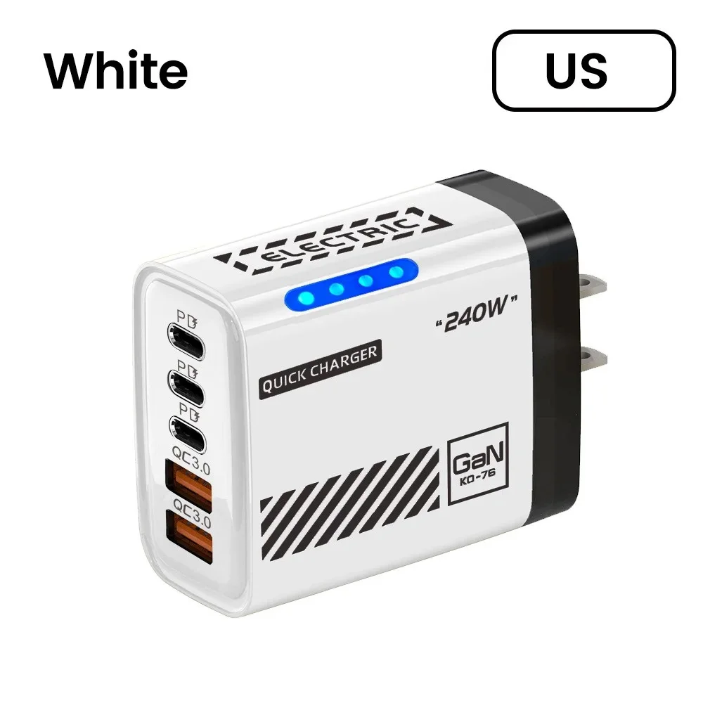 GaN 240W 5-Port USB C Fast Charger PD QC3.0 Wall Adapter for iPhone 16 17 Samsung Xiaomi Huawei EU/US/UK Plug Desktop Charger