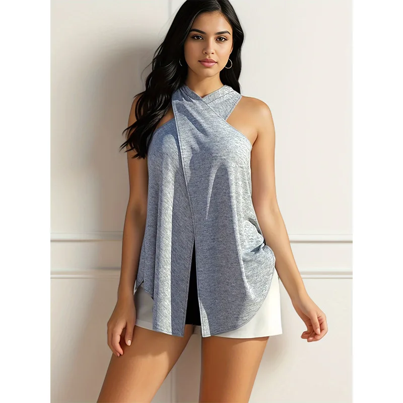 Plus size summer new sexy women's T-shirt, plus size hanging neck loose irregular casual beach T-shirt