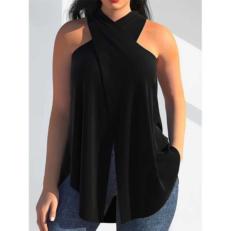 Plus size summer new sexy women's T-shirt, plus size hanging neck loose irregular casual beach T-shirt