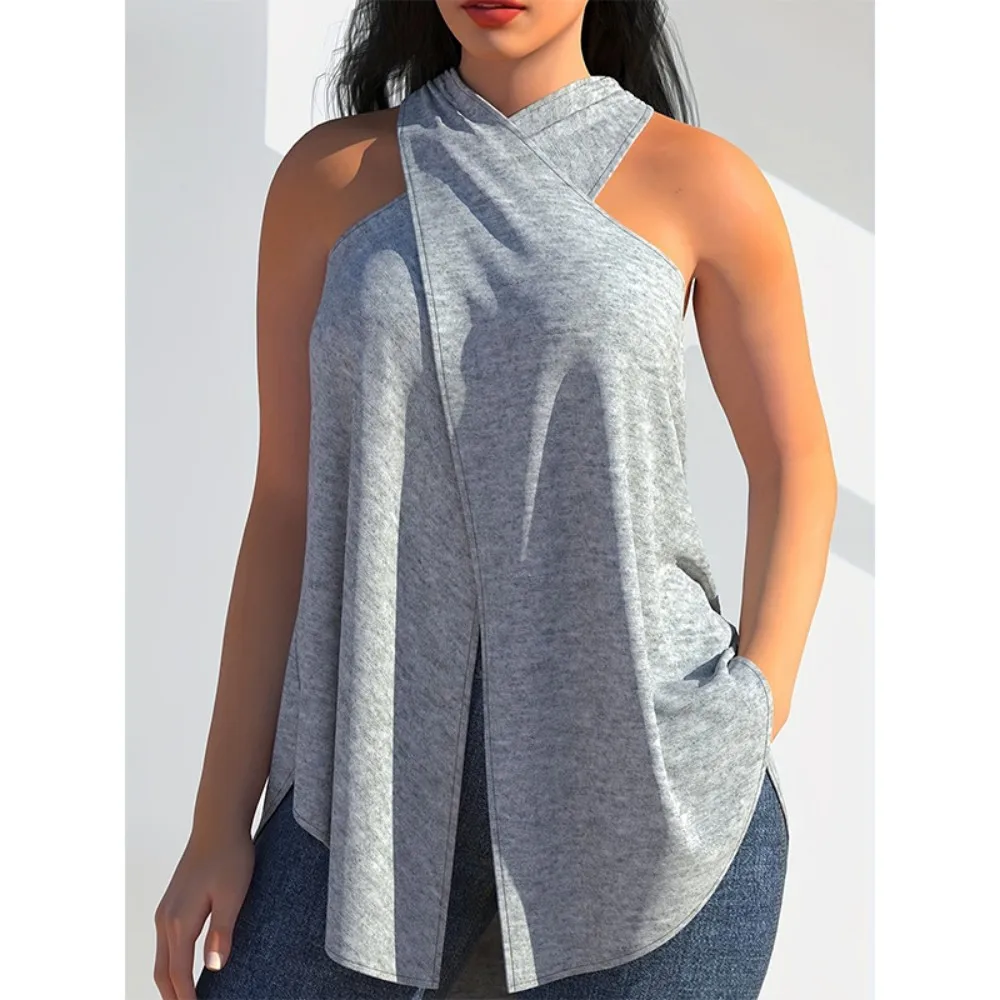 Plus size summer new sexy women's T-shirt, plus size hanging neck loose irregular casual beach T-shirt