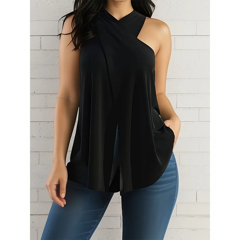 Plus size summer new sexy women's T-shirt, plus size hanging neck loose irregular casual beach T-shirt