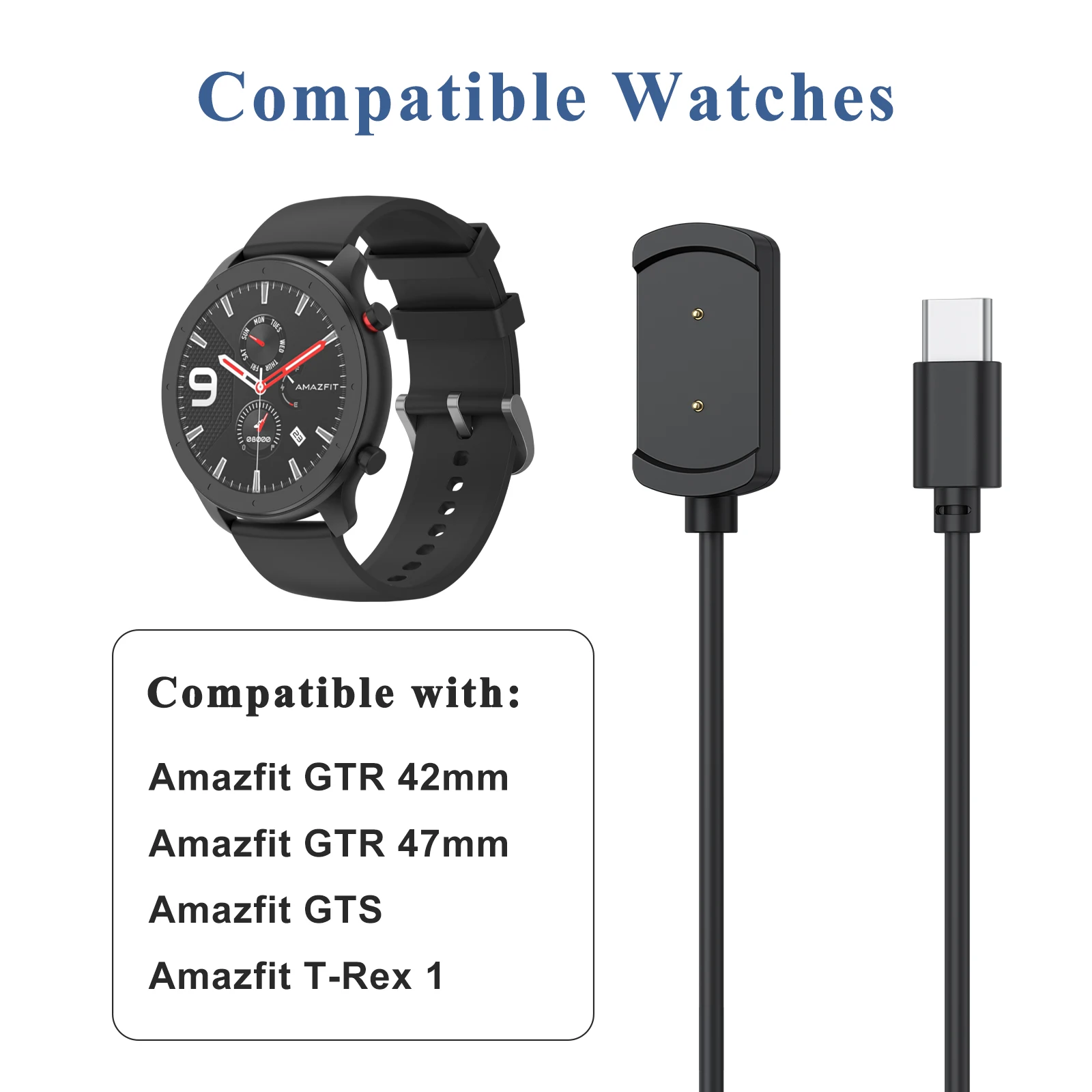 USB Type C Charger For Huami Amazfit T-Rex 1/Amazfit GTS/Amazfit GTR 42MM 47MM USB C 100cm Charging Cable Fast Charger Cradle