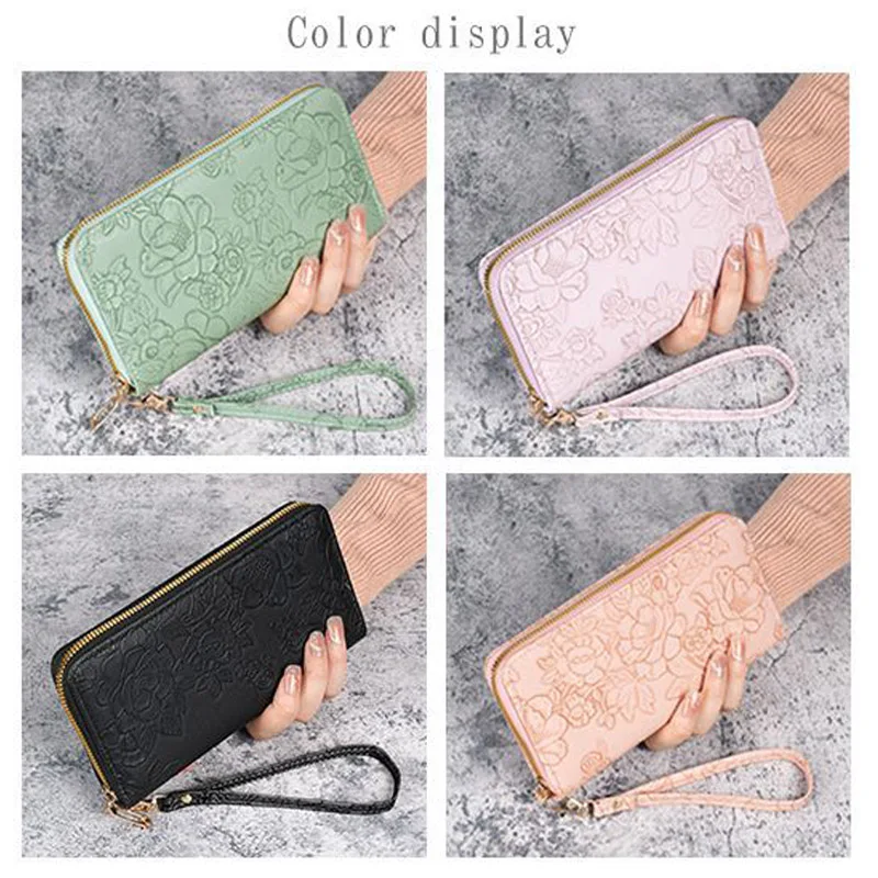 Floral Embossed Leather Women's Long Wallet - Phone Slot Credit Card Holder, Trendy Coin Clutch Purse with Hand-painted Design