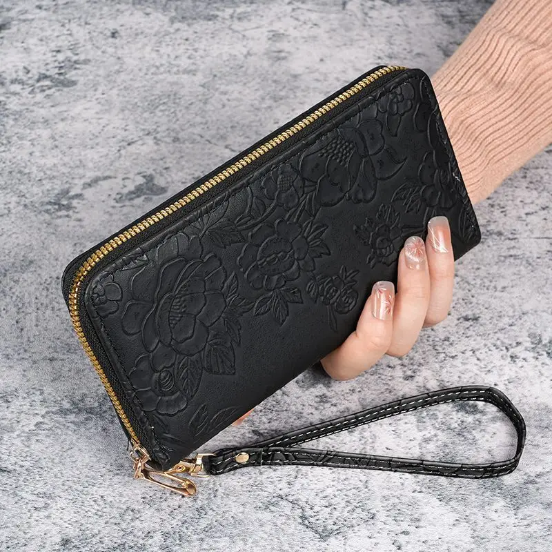 Floral Embossed Leather Women's Long Wallet - Phone Slot Credit Card Holder, Trendy Coin Clutch Purse with Hand-painted Design