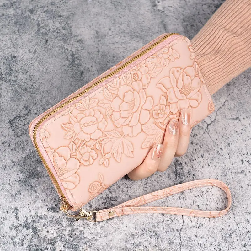 Floral Embossed Leather Women's Long Wallet - Phone Slot Credit Card Holder, Trendy Coin Clutch Purse with Hand-painted Design
