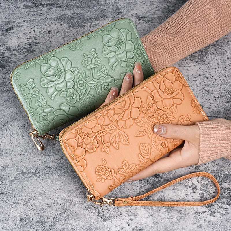 Floral Embossed Leather Women's Long Wallet - Phone Slot Credit Card Holder, Trendy Coin Clutch Purse with Hand-painted Design